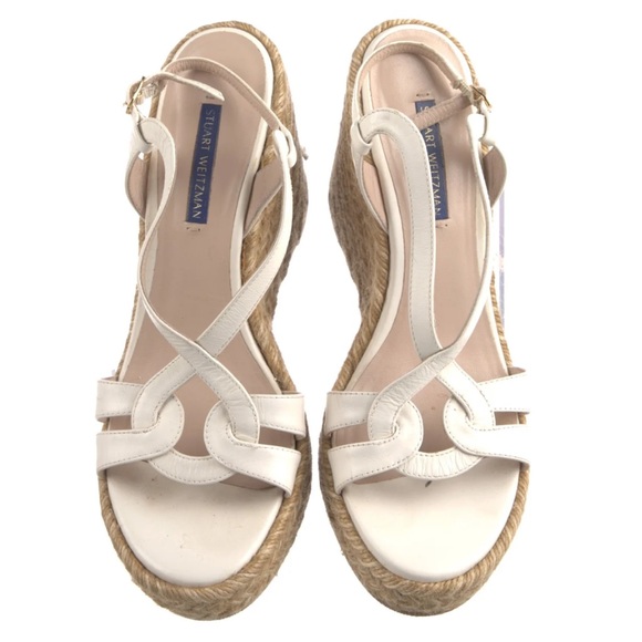 Stuart Weitzman Coquille Leather Wedge Espadrille Cream White Tan 9,5 LIKE NEW - Picture 2 of 6